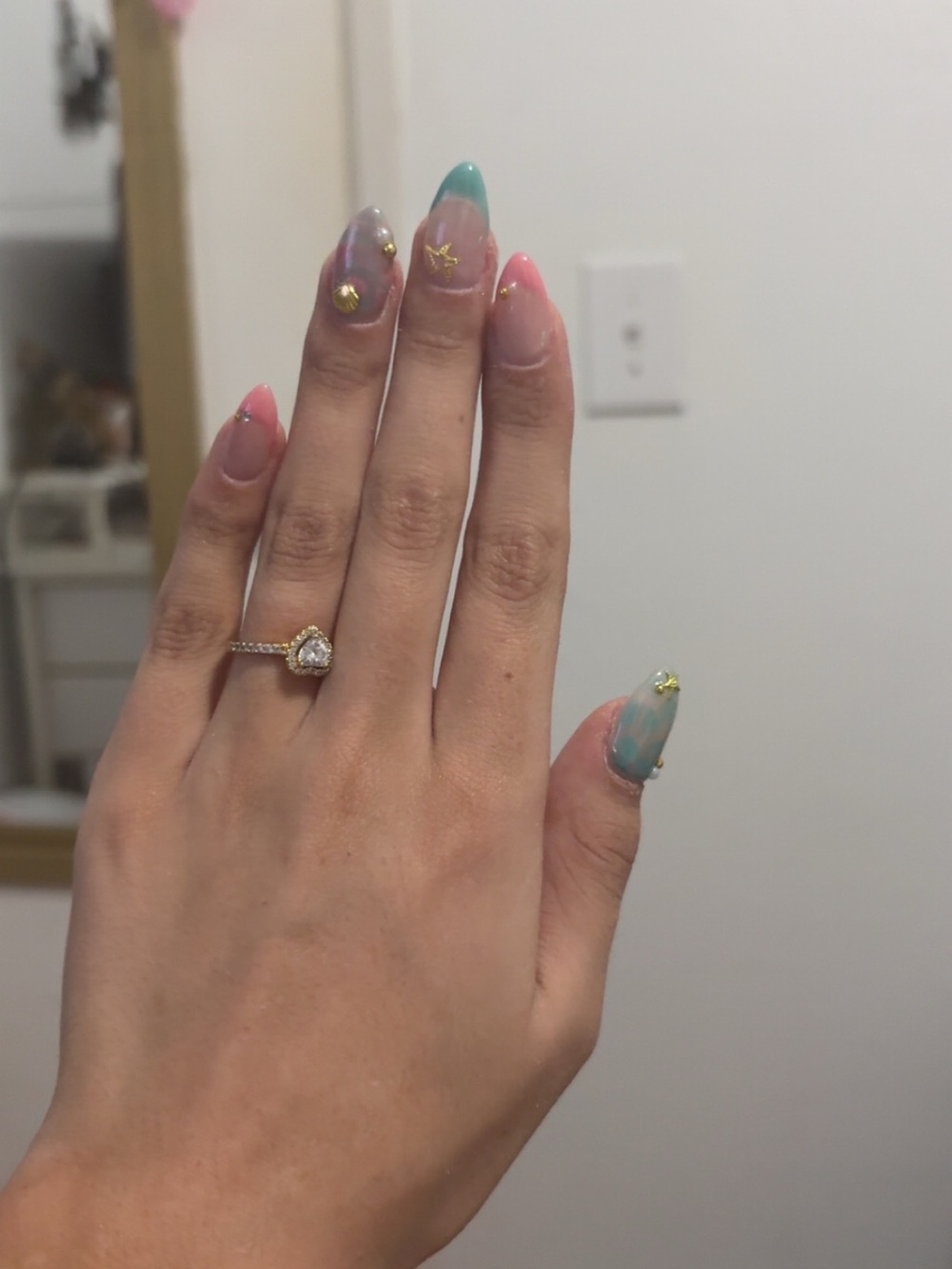 Press-On Ombre Pink & Teal Nails with Gold Accents - Women